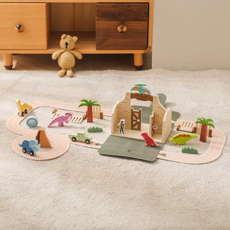 Wooden Dinosaur Park Playset for Kids – Montessori-Inspired Educational Toy with Portable Design