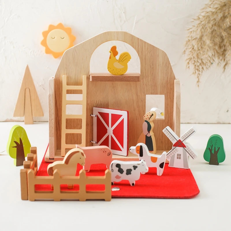 Wooden Farm Playset for Kids – Portable Barn with Animals, Tractor, and Accessories