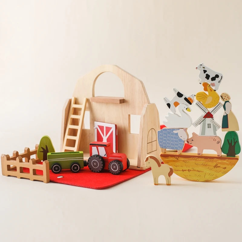 Wooden Farm Playset for Kids – Portable Barn with Animals, Tractor, and Accessories