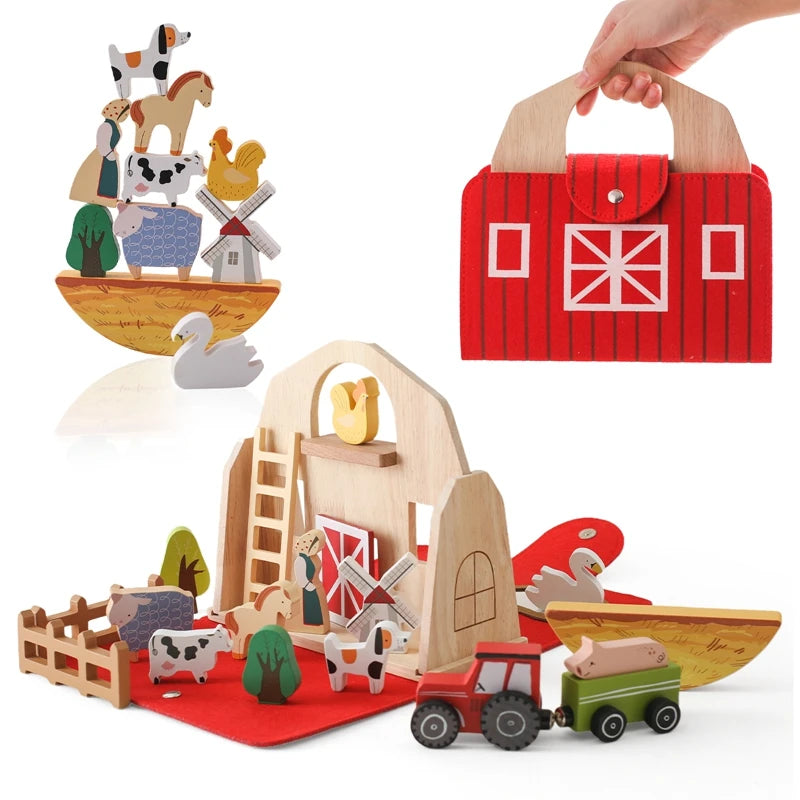 Wooden Farm Playset for Kids – Portable Barn with Animals, Tractor, and Accessories