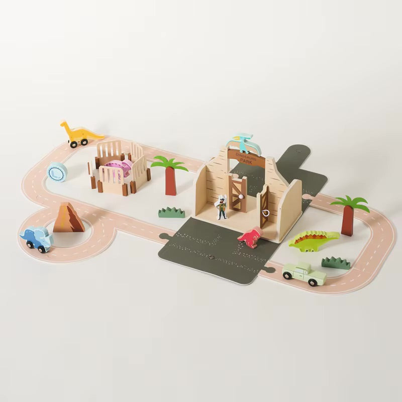 Wooden Dinosaur Park Playset for Kids – Montessori-Inspired Educational Toy with Portable Design