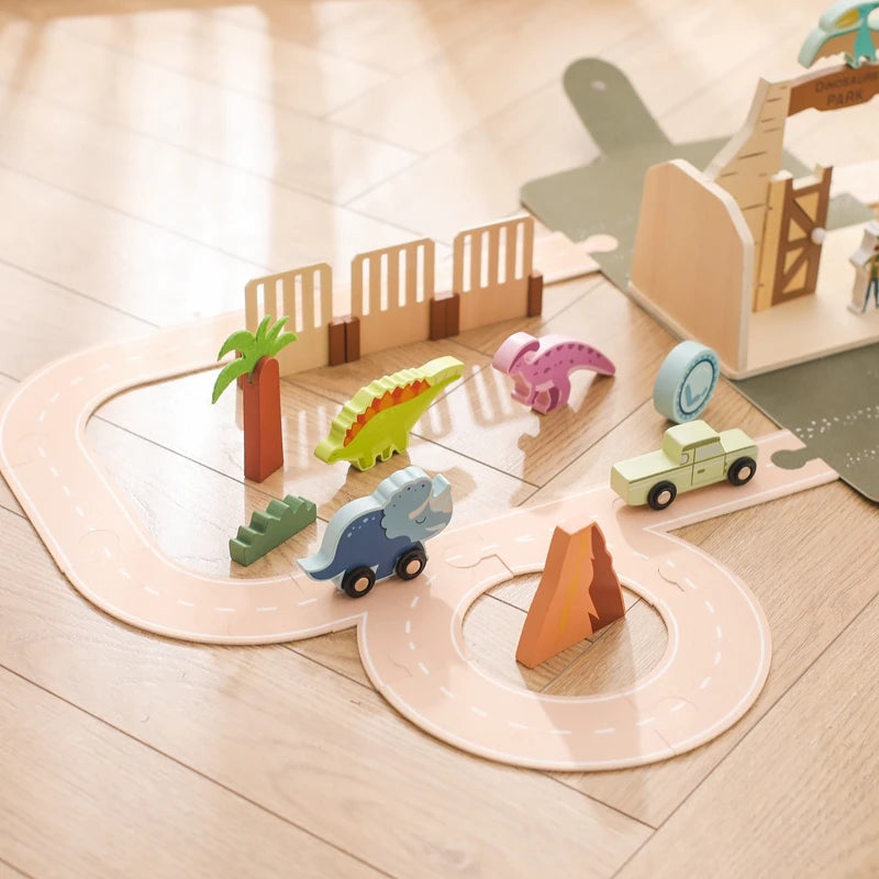 Wooden Dinosaur Park Playset for Kids – Montessori-Inspired Educational Toy with Portable Design