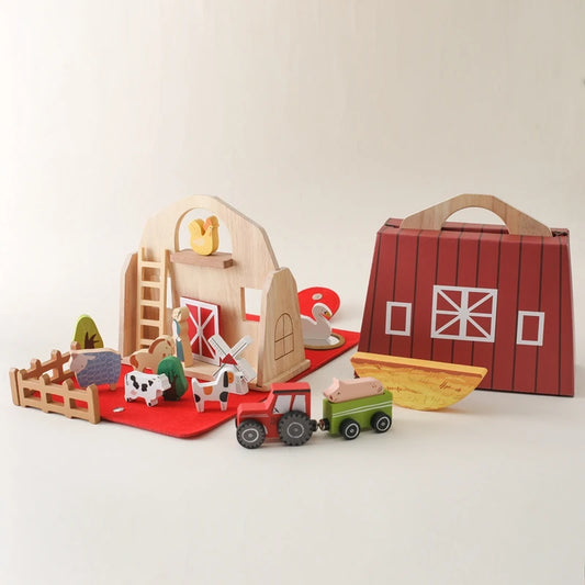 Wooden Farm Playset for Kids – Portable Barn with Animals, Tractor, and Accessories