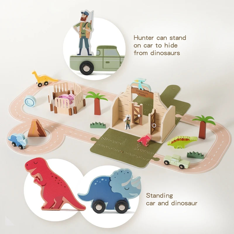 Wooden Dinosaur Park Playset for Kids – Montessori-Inspired Educational Toy with Portable Design