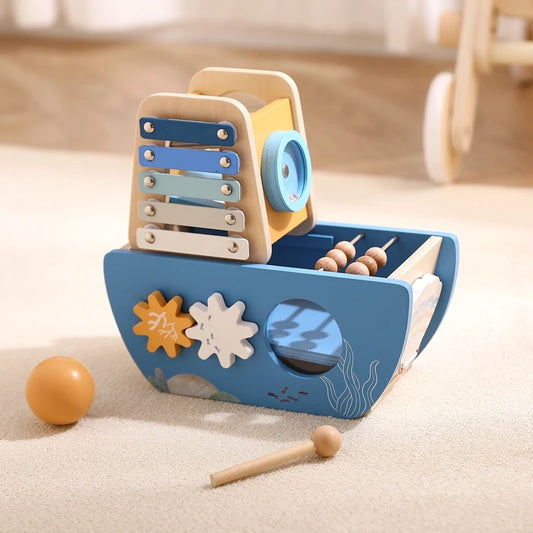 Wooden Musical Activity Busy Boat – Developmental Toy for Kids