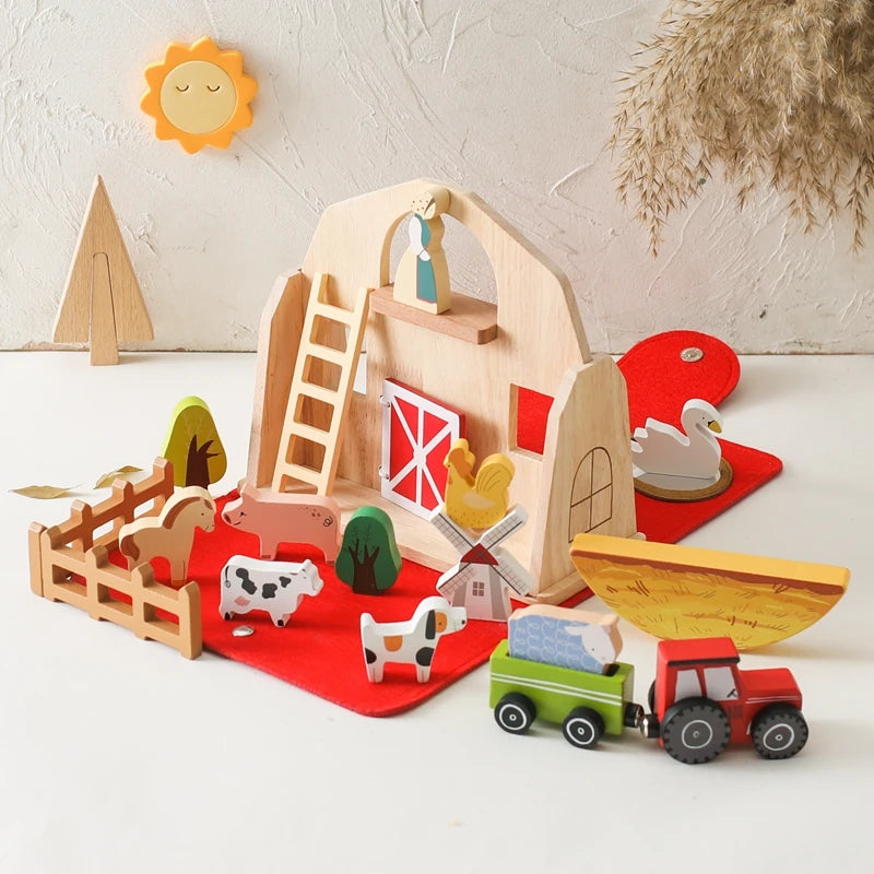 Wooden Farm Playset for Kids – Portable Barn with Animals, Tractor, and Accessories