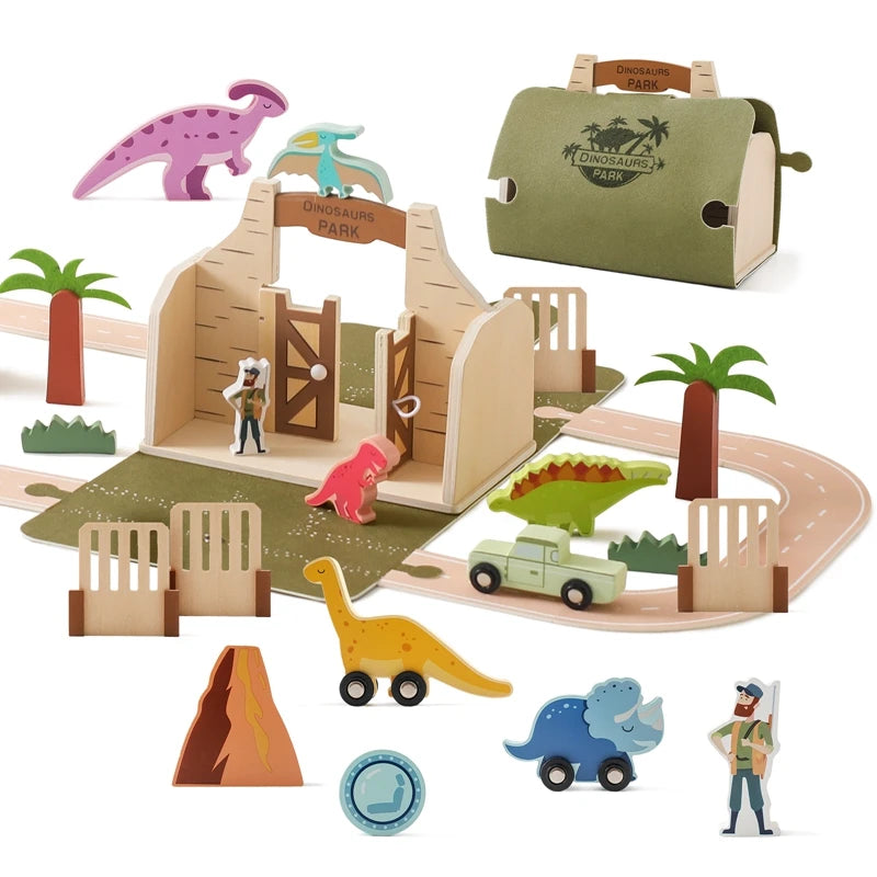 Wooden Dinosaur Park Playset for Kids – Montessori-Inspired Educational Toy with Portable Design