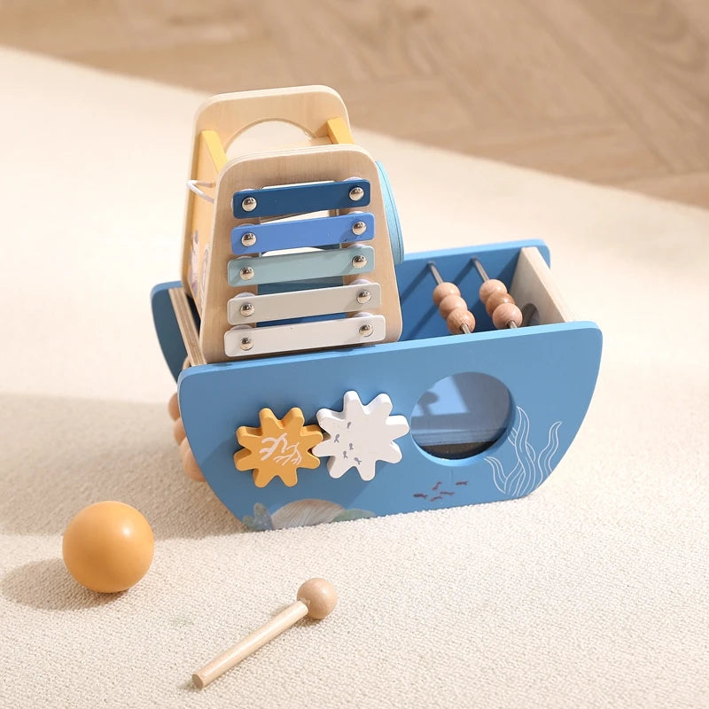 Wooden Musical Activity Busy Boat – Developmental Toy for Kids