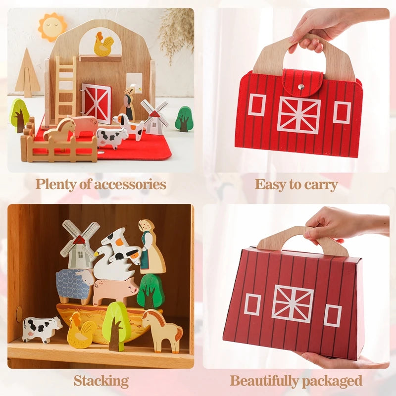 Wooden Farm Playset for Kids – Portable Barn with Animals, Tractor, and Accessories