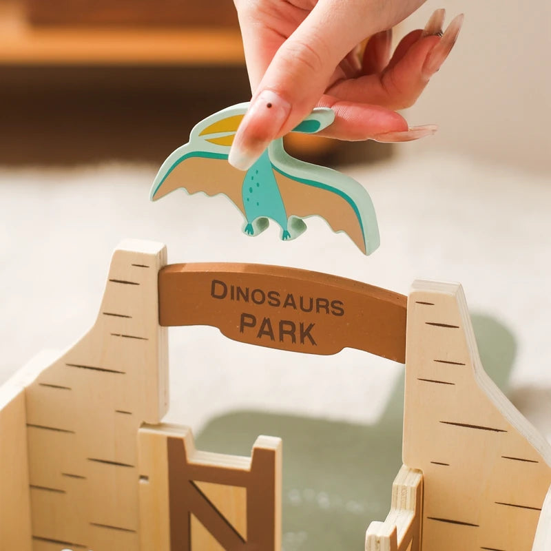 Wooden Dinosaur Park Playset for Kids – Montessori-Inspired Educational Toy with Portable Design